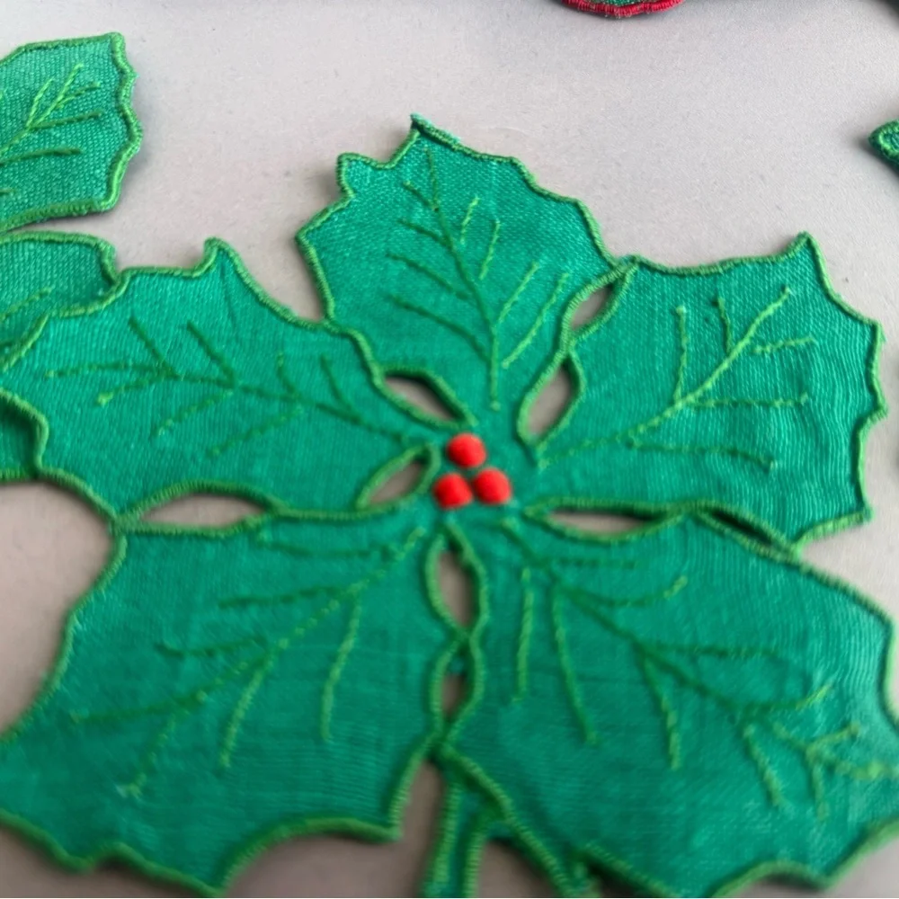 Vintage Green Holly Leaf Table Coasters and Placemat Set